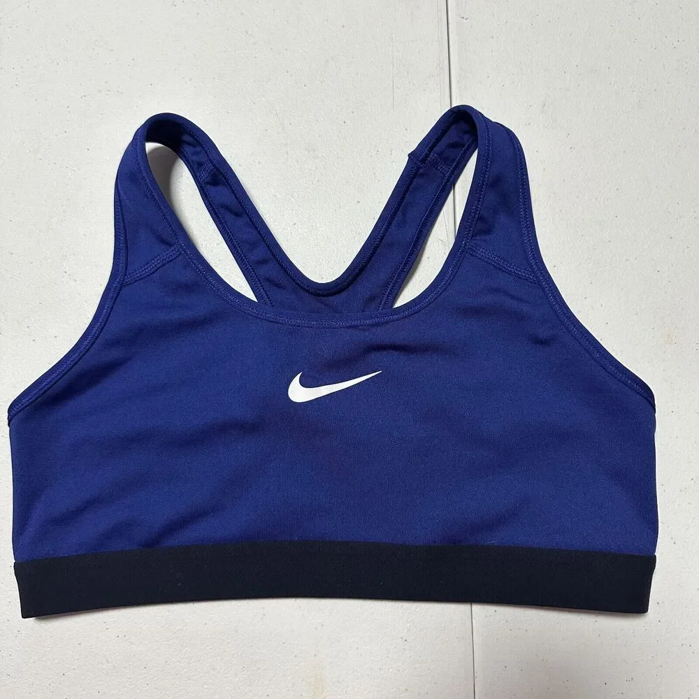 Nike Women Pro Racerback Sports Bra Top Gym Dri Fit Activewear Blue Black Medium
